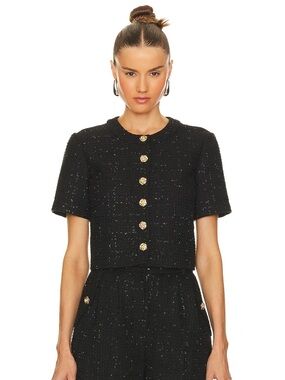 Amanda Uprichard Cropped Black Tweed Button-Front Top with Gold Buttons